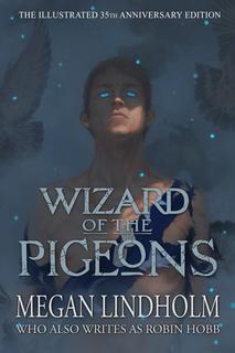 An image a bookcover with the title "Wizard of the Pigeons" superimposed over the image of a young man with piercing blue eyes against a dark blue background. 
